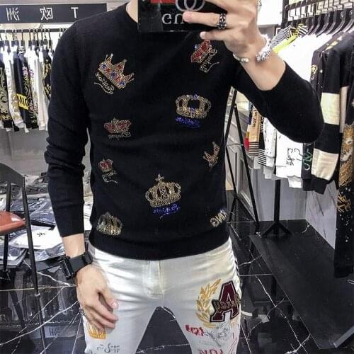 Autumn And Winter Round Neck Sweater Mens Pullover Mens Fashion Crown Hot Drilling Casual Slim Warm Knit Pullover