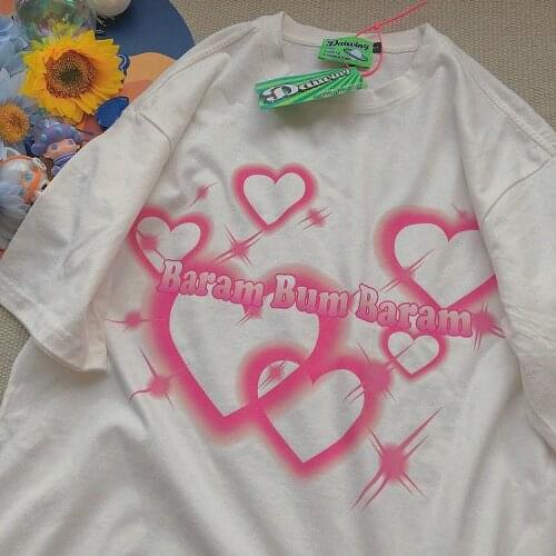 2021 Summer Womens Short Sleeve T-shirt Korean Fashion Loose Large Size Womens Top Pink Love Print Harajuku Kawaii Clothes Y2k