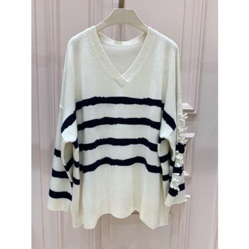 Ladies 2021 Fashion New Long Sleeve Sexy Casual Striped V-neck Sweater 1015