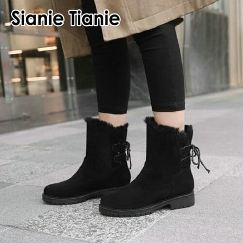 Sianie Tianie 2020 autumn winter round toe square chunky low heels woman boots black faux fur plush warm women ankle snow boots