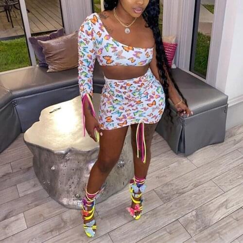 New Club Party Streetwear Butterfly Print Drawstring Sexy 2 Pcs Matching Sets One Shoulder Crop Top + Mini Skirt Ladies Outfits
