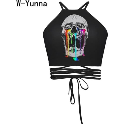 W-Yunna 2019 New Summer 3d Print Crop Top Women Skull/Moon/Earth Print Harajuku Black Tank Top Sexy Streetwear Cropped Feminino