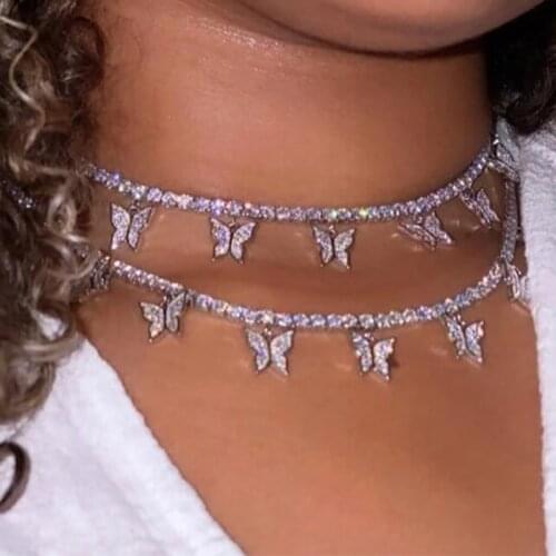 VKME Crystal Butterfly Pendant Necklace For Women Fashion Gold Silver Color Rhinestone Choker Party Jewelry Gift