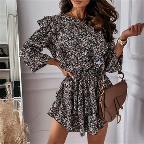 Ladies Elegant Print Pullover Mini Dresses Female Fashion O-Neck Black Floral Splicing Sexy Cake Basic Wild Autumn Casual Dress