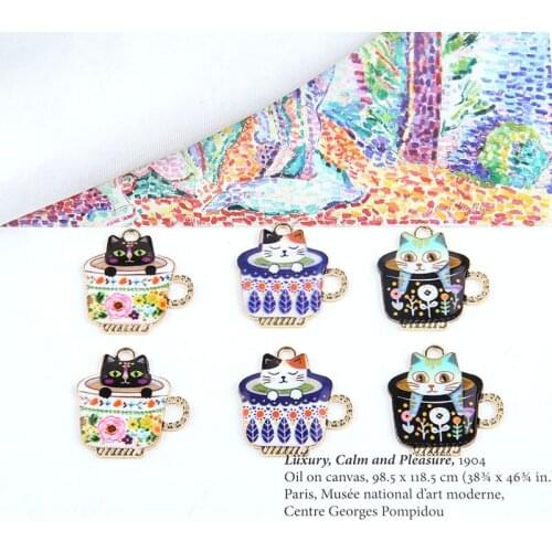 10pcs 2020 Fashion Alloy Drip Oil Fun Printing Cup Cat Pendant Cute Cartoon Earrings For Women Girls Diy Jewelry Accessories