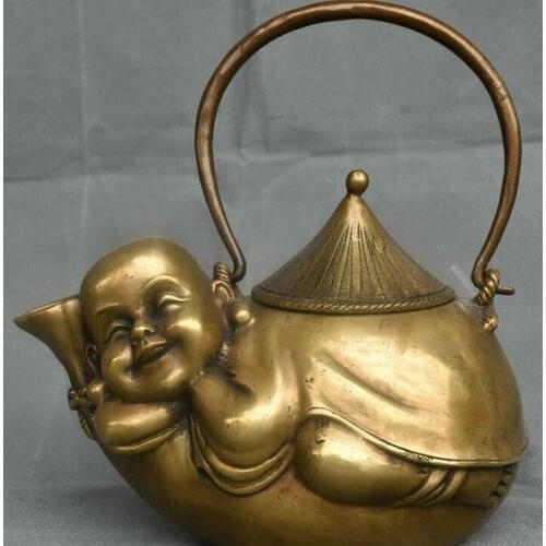 8" Old Xuande Marked China Copper Maitreya Buddha Portable Teakettle Teapot Pot