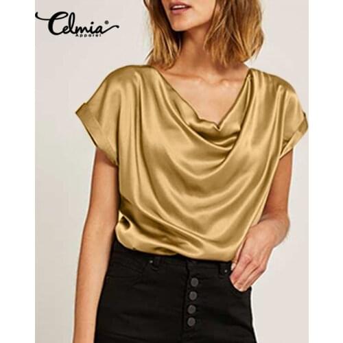 Celmia Women Elegant Satin Blouses 2021 Fashion Cowl Neck Short Sleeve Slik Tops Casual Solid OL Office Blusas Clothes