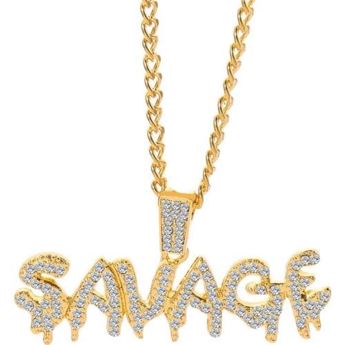 Goth Bling Bling Savage Letter Necklace & Pendant Shiny Ice Out Link Chain Necklace Punk Choker Hip Hop Jewelry Collar Hombre