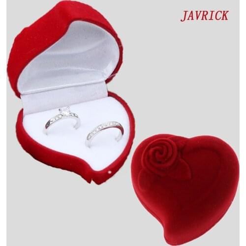 Double Wedding Rings Box Velvet Heart Shape Red Rose Flower Box Jewelry Display
