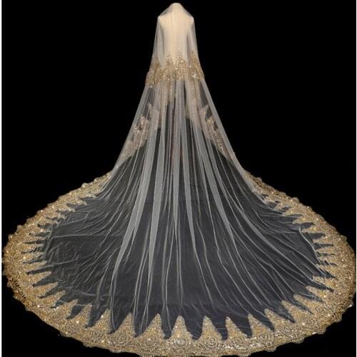 Luxury New Two Layer 3M Wedding Veils Champagne Lace Applique Edge Cathedral Accessories Free Comb Custom Made Bridal Veil