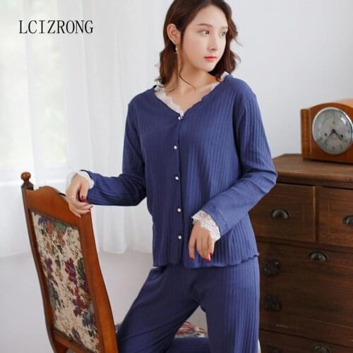 Simple Cotton Pajamas Set Women Sweet Lace V-neck Long Sleeve + Long Pant 2 Piece Sets Slim Elegant Ladies Sleepwear Nightgown
