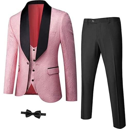 Black Lapel Jacquard Pink Men Groom Wear Blazer Tailor-Made Suits 3 Pieces Set Jacket+Vest+Pants+Ties Tuxedos Ropa De Hombre