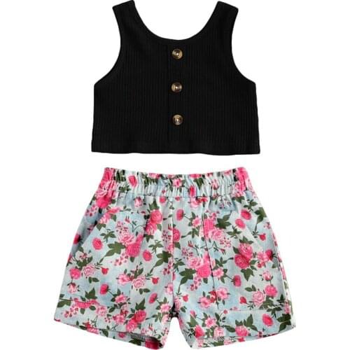Summer Casual Girls Clothes Sets Toddler Kids Sleeveless Button Front Rib Knit Tank Tops+Floral Shorts 2pcs Outfits for 1-6Years