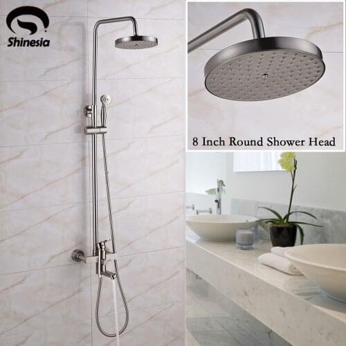 Brushed Nickel 8 Inch Round Rainfall Shower Head Bathroom Shower Faucet Bathtub Mixer Tap With Hand Shower