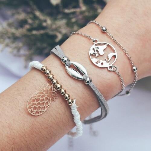 Pineapple Map Shell Charm Bracelets Set For Women Simulation Pearl Beads Bracelet Female Bohemian Jewelry Gift 2019