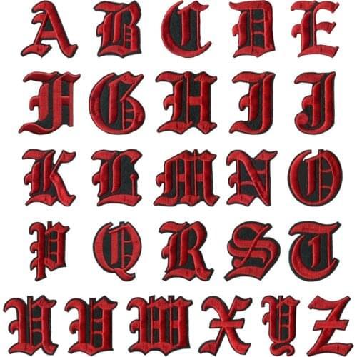 Font Embroidery patches RED and BLACK English Alphabet Letters A-Z Mixed Embroidered Sew on badge Iron On Patches For Clothing