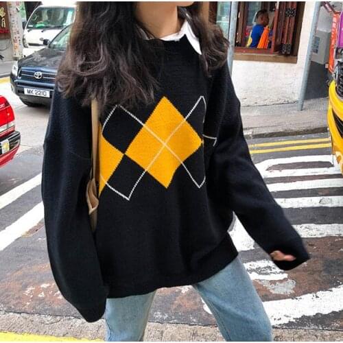 New womens autumn rhombus loose pullover sweater