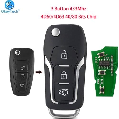 OkeyTech for Ford Mk2 Mk3 Mondeo Ranger Fiesta 2 Modified Flip Folding 3 Button Remote Car Key 433Mhz 4D60/4D63 Chip Uncut Blade