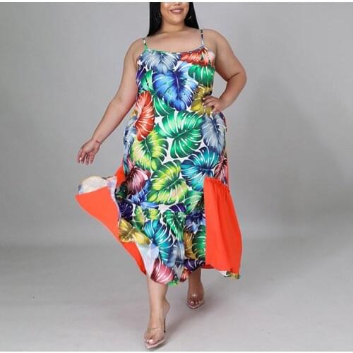 Women Plus Size Spaghetti Strap Dress 4XL 5XL Printed Patchwork Loose Fashion Ankle Length Oversized Vestidos Mujer Dresses Big