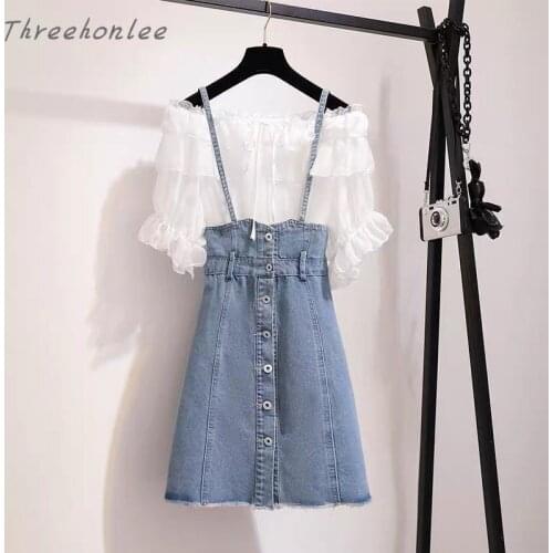 Plus Size Summer 2021 Sweet Casual Woman Two Piece Sets Slash Neck Ruffles Top And A-line Strap Denim Dress Female Korean Suits