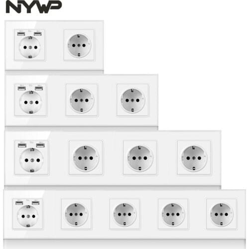 NYWP EU 3 frame power plug, 16a grounding power socket, with USB output, 258mm*86mm tempered glass panel white
