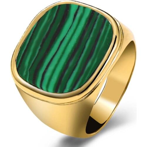 FYJS Unique Light Yellow Gold Color Square Shape Malachite Stone Finger Ring Lapis Lazuli Fashion Jewelry