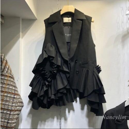 2020 Autumn New Womens Korean-Style Layer Lotus Leaf Design Black Vest Coat Female Lady All-match Loose Slim Lapel Veste Femme