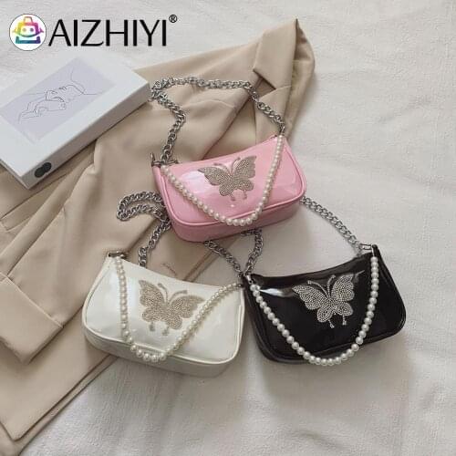 Vintage Women PU Leather Butterfly Rhinestone Shoulder Underarm Bags Casual Ladies Pearl Mini Handbags Purse