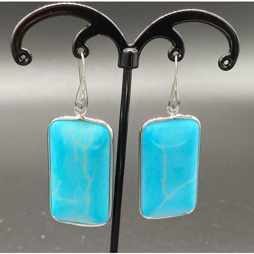 FYJS Unique Silver Plated Rectangle Shape Blue Turquoises Stone Dangle Earrings for Women Jewelry