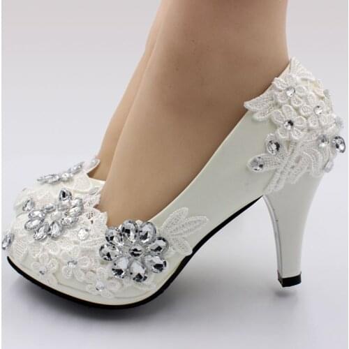 8CM high heels shoes woman white lace crystal silver rhinestones handmade luxury bridal wedding shoes in stock heel 3 inch NQ185