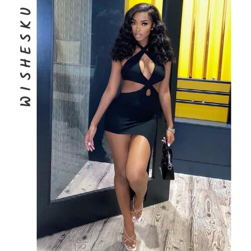 Halter Sexy Backless Summer Dress Women Sleeveless Asymmetrical Hollow Out Bodycon Mini Dresses 2021 Casual Party Nightclub Robe