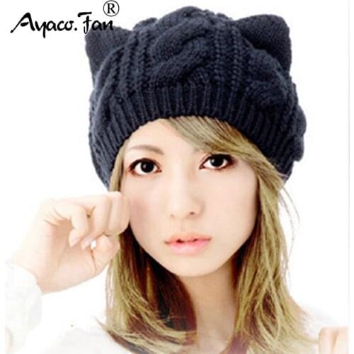 Cat Ear Beanie Winter Hats for Women Girls New Cute Solid Crochet Knit Cap Skullies Beanies Warm Caps Female Knitted Hat Autumn