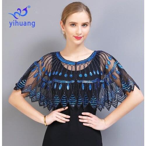 1920s Shawl Wraps Sequin Beaded Evening Cape Bridal Shawl Bolero Flapper Cover Up