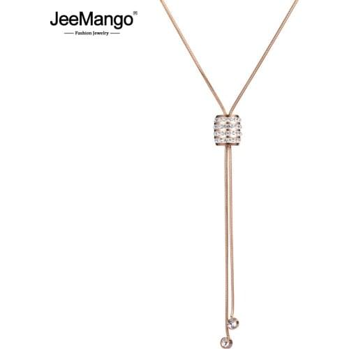 JeeMango Stainless Steel Rose Gold 3D Hollow Cylinder Rhinestone Chain Necklace Sweater Chain Pendent Gift For Women JN18243