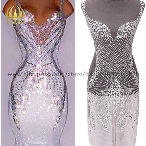 FZD 1 Piece Silver Bodices patches sewing rhinestone trimming fabric applique crystal appliques for Ball Gown Brides dress