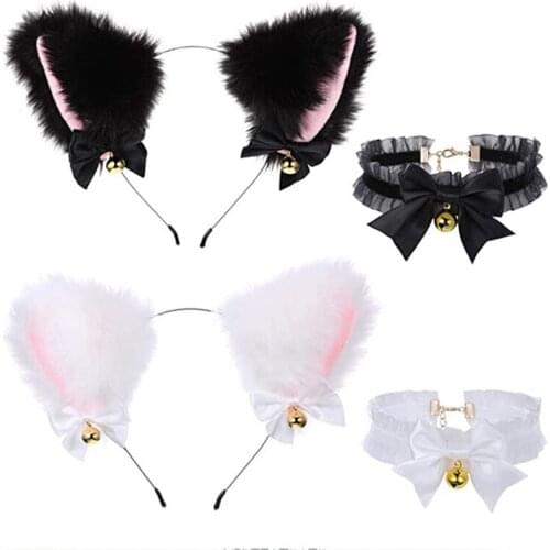 Lolita Cat Ear Headband with Bells Necklace Plush Furry Ears Headwear Fancy Dress Hairband Women Girls Party Cosplay Headwear