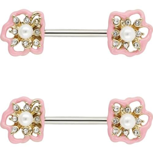 JHJT 2PCS Nipple Piercing 316L Surgical Stainless Steel Pink Flower Nipple Barbell Rings Body Piercing Gift