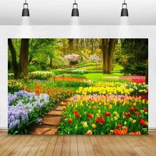 Laeacco Spring Blossom Flower Floret Garden Way Outdoor Scenic Photo Backgrounds Photography Backdrops Photocall Photo Studio