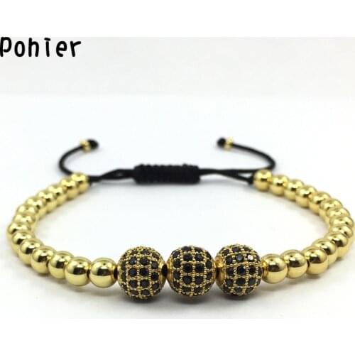 Pohier Fashion Mens Charm Bracelets 8mm Micro Pave CZ Balls 5mm Round Beads Popular Braiding Macrame Bracelets Jewelry