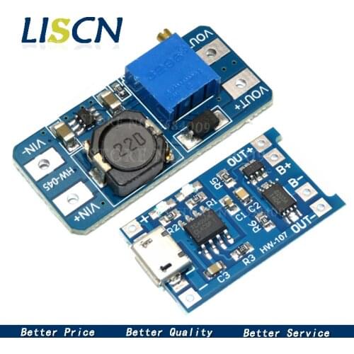 Micro USB 5V 1A 18650 TP4056 Lithium Battery Charger Module Charging Board With Protection + MT3608 2A DC-DC Step Up Converter