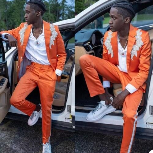 White Appliques Mens Suits High Quality Plus Size Wedding Blazer Tuxedos Formal Prom Party Pants Coat Jacket 2 Pieces