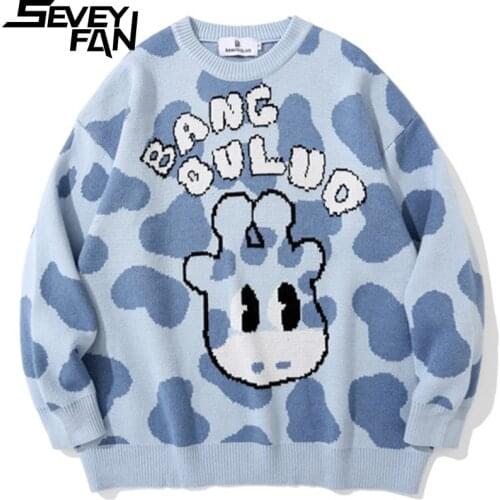 SEVEYFAN Mens Fashion Cartoon Giraffe Jacquard Sweater Hip Hop Loose O Neck Cotton Pullover Knitwear for Couples