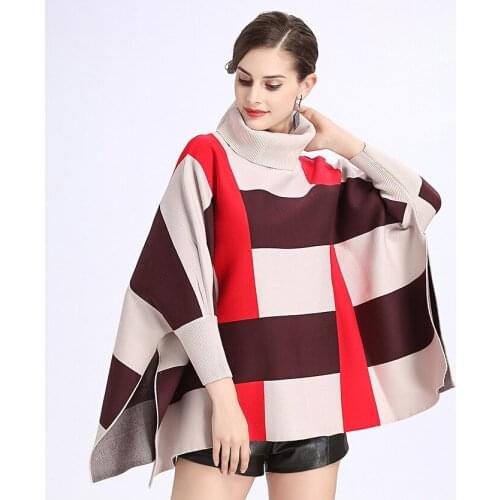 Newest Batwing Sleeve Sweaters Women Pullover Loose Korean Tops Lady Turtleneck Color Block Plaid Knitted Capes Stylish Cloaks