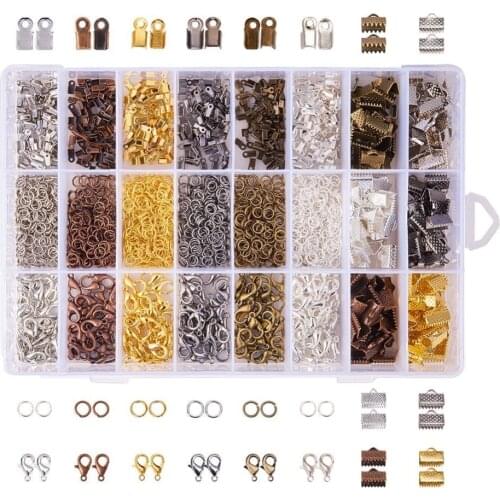 About 2580Pcs/Box Mixed Color Fold Over Iron Cord Ends Ribbon End Jump Rings Lobster Claw Clasps Jewelry Making Findings