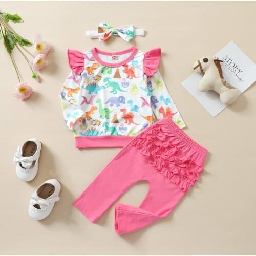 2Pcs Kids Girls Clothes Autumn Tracksuit Cartoon Dinosaur Round-Neck Long Sleeves Blouse + Elastic Waist Ruffled Pants Pink