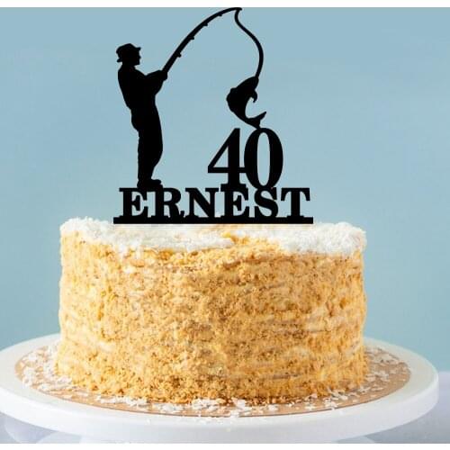 Personalized Fishing Style Men Birthday Cake Topper Acrylic Wood Black Custom Father Name Age Cake Decoration Party Supplies