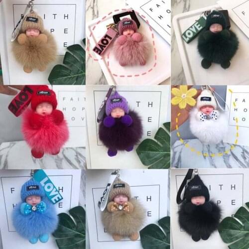 Sleeping Baby Doll Hanging Piece Hair Ball Pendant Colorful Cute Fluffy Pompom Chain Plush accessories Car Keychain Pendant