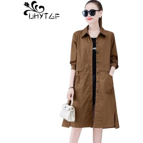 UHYTGF Casual Spring Windbreaker Womens Fashion Pockets Mid-Length Thin Trench Coat Female Korean Plus Size Tops Outerwear 2099