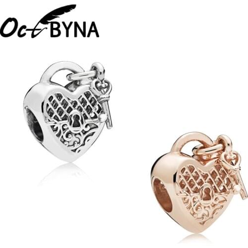 Luxurious Hollow Love Heart Beads Silver Color&Rose Gold Key Pendant Fits Pandora Charm Bracelets Necklaces For Women Jewelry