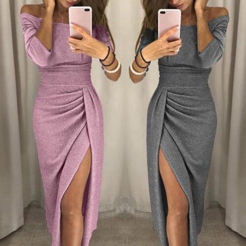 Sexy Off Shoulder Party Dress Women High Slit Peplum Bodycon Dress Autumn Three Quarter Sleeve Bright Silk Shiny Dress